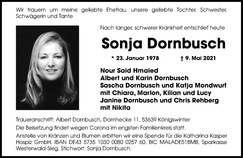  Traueranzeige für Sonja Dornbusch vom 22.05.2021 aus General-Anzeiger Bonn