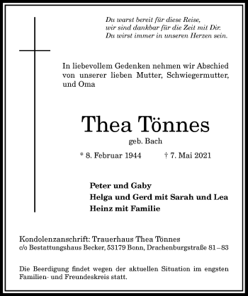 Anzeige von Thea Tönnes von General-Anzeiger Bonn