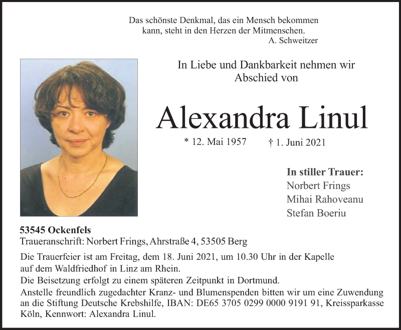  Traueranzeige für Alexandra Linul vom 12.06.2021 aus General-Anzeiger Bonn