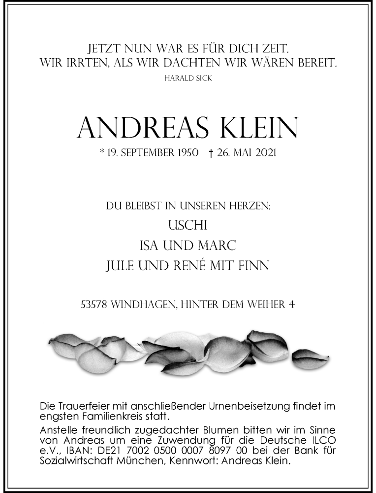  Traueranzeige für Andreas Klein vom 05.06.2021 aus General-Anzeiger Bonn