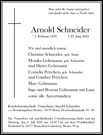 Anzeige von Arnold Schneider von General-Anzeiger Bonn