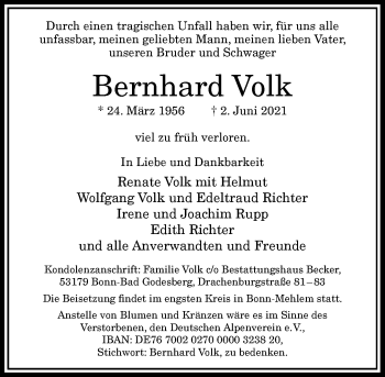 Anzeige von Bernhard Volk von General-Anzeiger Bonn