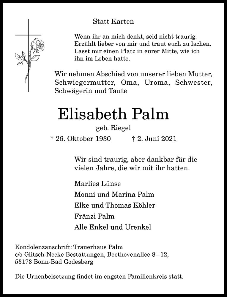  Traueranzeige für Elisabeth Palm vom 05.06.2021 aus General-Anzeiger Bonn