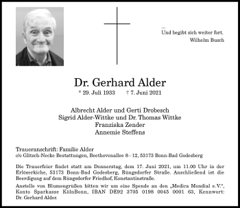 Anzeige von Gerhard Alder von General-Anzeiger Bonn