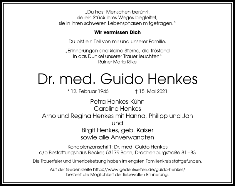  Traueranzeige für Guido Henkes vom 05.06.2021 aus General-Anzeiger Bonn