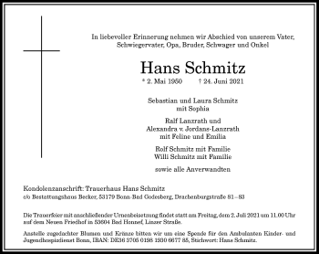 Anzeige von Hans Schmitz von General-Anzeiger Bonn