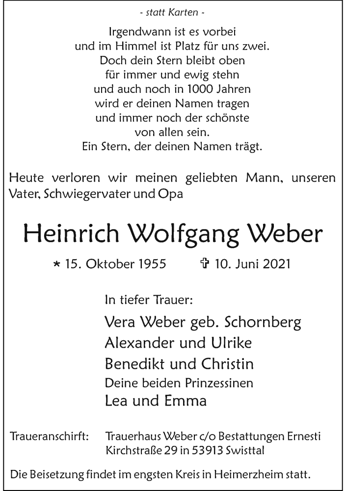  Traueranzeige für Heinrich Wolfgang Weber vom 12.06.2021 aus General-Anzeiger Bonn