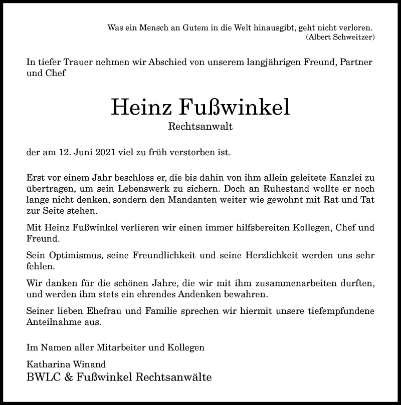  Traueranzeige für Heinz Fußwinkel vom 19.06.2021 aus General-Anzeiger Bonn