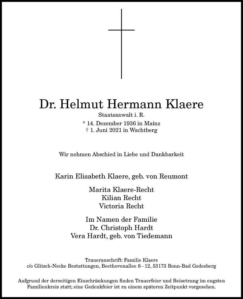  Traueranzeige für Helmut Hermann Klaere vom 12.06.2021 aus General-Anzeiger Bonn