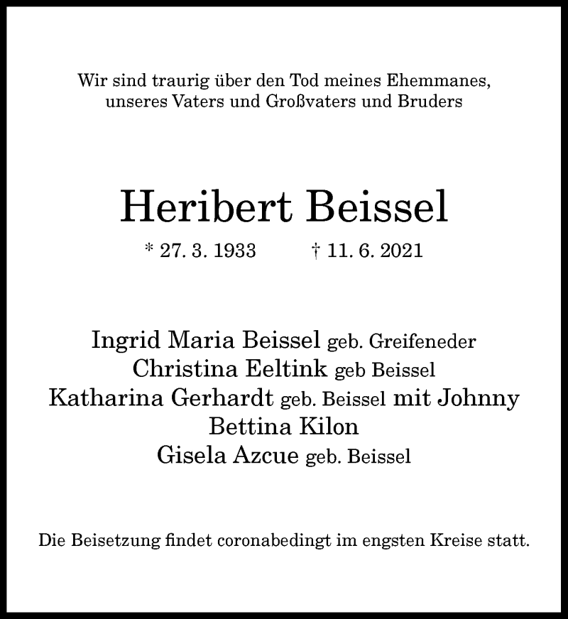  Traueranzeige für Heribert Beissel vom 19.06.2021 aus General-Anzeiger Bonn