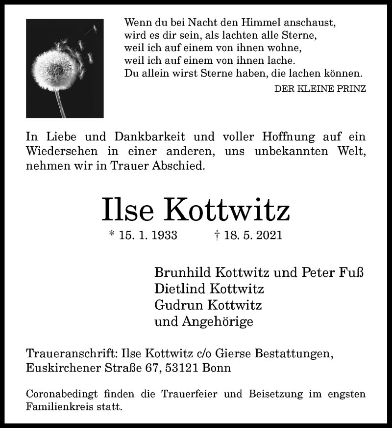  Traueranzeige für Ilse Kottwitz vom 05.06.2021 aus General-Anzeiger Bonn