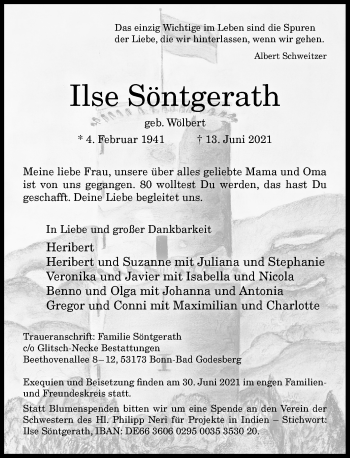 Anzeige von Ilse Söntgerath von General-Anzeiger Bonn