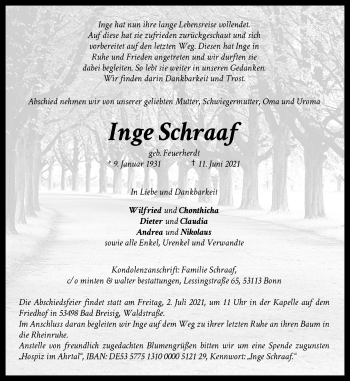 Anzeige von Inge Schraaf von General-Anzeiger Bonn