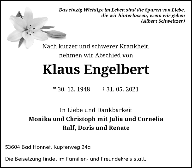  Traueranzeige für Klaus Engelbert vom 12.06.2021 aus General-Anzeiger Bonn