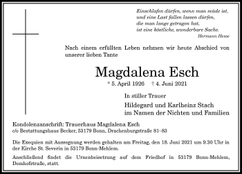 Anzeige von Magdalena Esch von General-Anzeiger Bonn