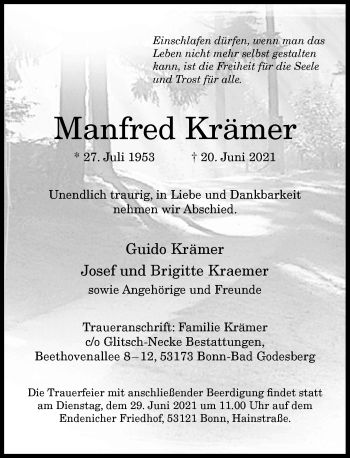 Anzeige von Manfred Krämer von General-Anzeiger Bonn