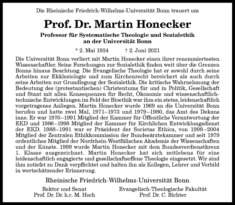  Traueranzeige für Martin Honecker vom 09.06.2021 aus General-Anzeiger Bonn