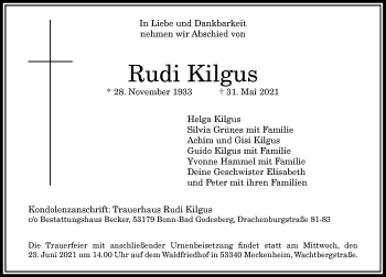 Anzeige von Rudi Kilgus von General-Anzeiger Bonn