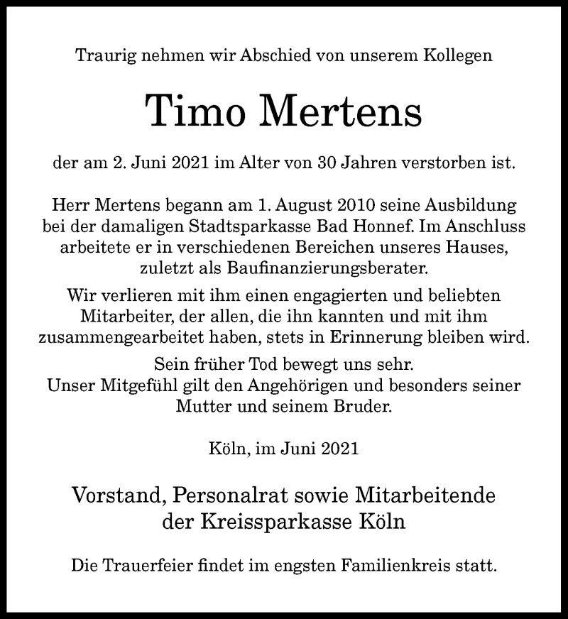  Traueranzeige für Timo Mertens vom 17.06.2021 aus General-Anzeiger Bonn