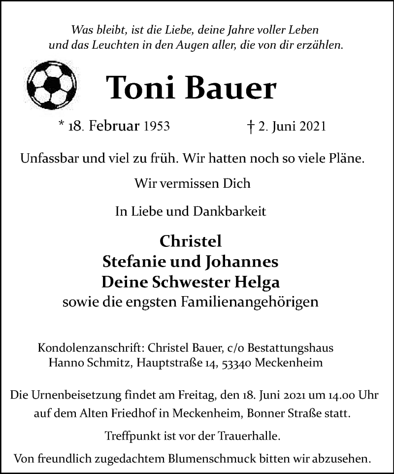  Traueranzeige für Toni Bauer vom 12.06.2021 aus General-Anzeiger Bonn