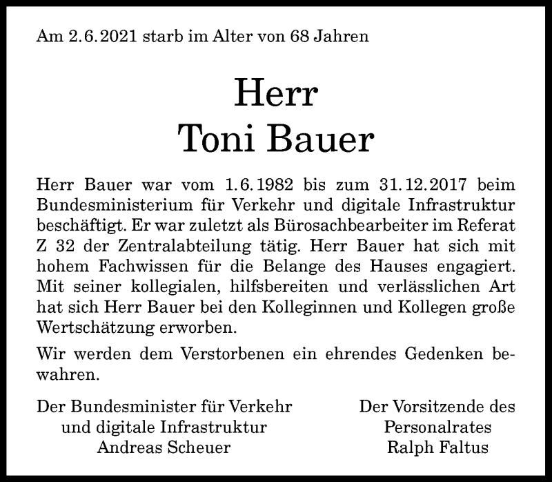  Traueranzeige für Toni Bauer vom 16.06.2021 aus General-Anzeiger Bonn