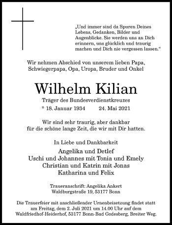 Anzeige von Wilhelm Kilian von General-Anzeiger Bonn