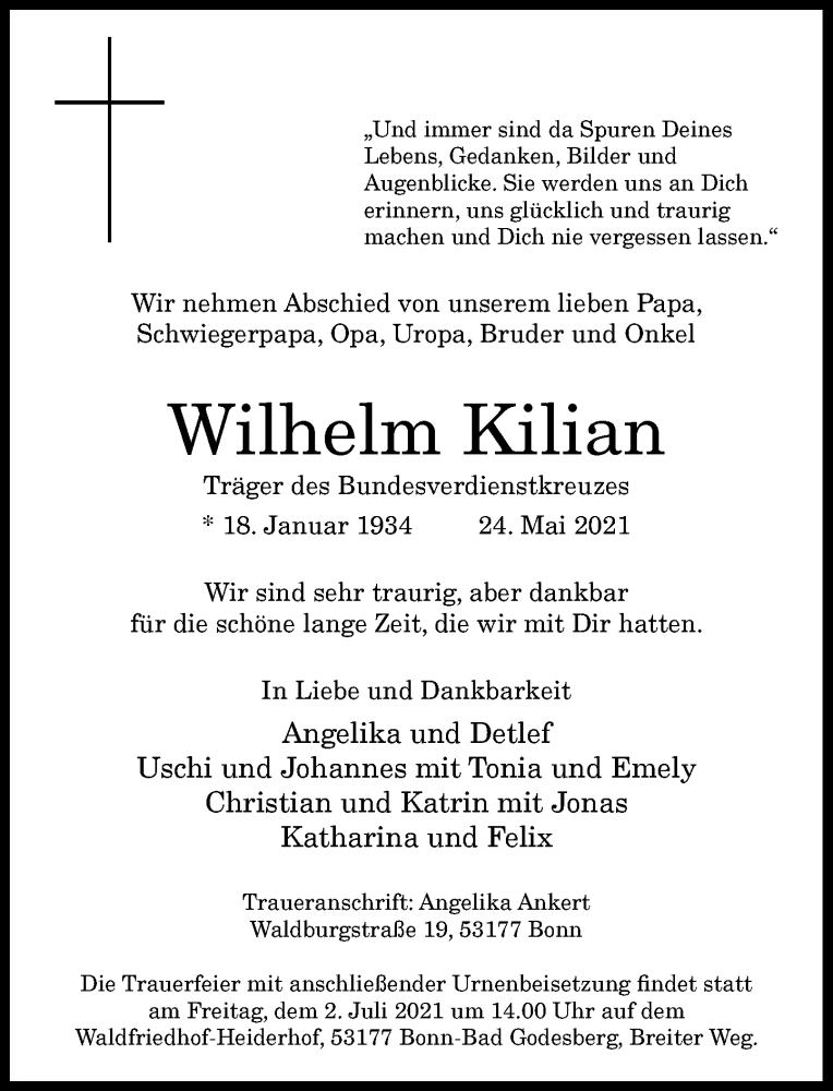  Traueranzeige für Wilhelm Kilian vom 19.06.2021 aus General-Anzeiger Bonn