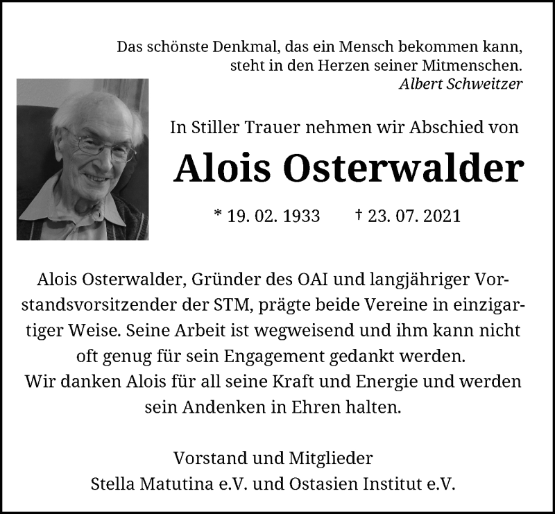  Traueranzeige für Alois Osterwalder vom 31.07.2021 aus General-Anzeiger Bonn