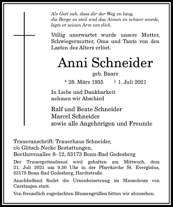 Anzeige von Anni Schneider von General-Anzeiger Bonn