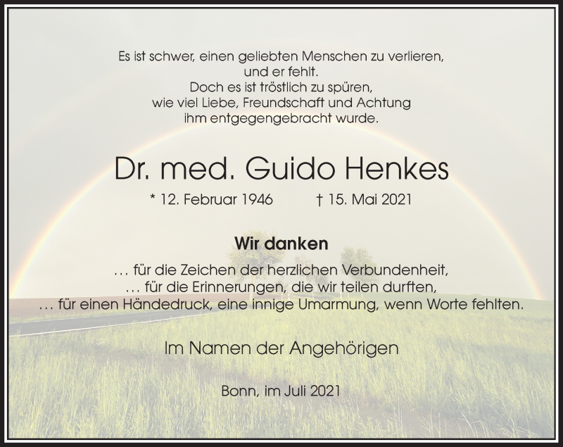  Traueranzeige für Guido Henkes vom 10.07.2021 aus General-Anzeiger Bonn