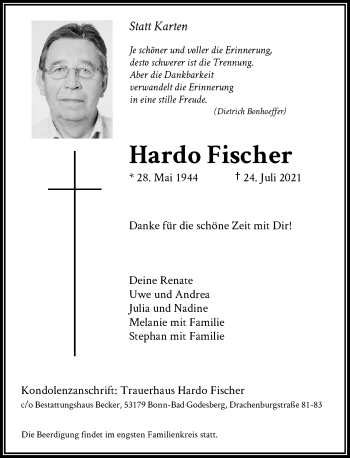 Anzeige von Hardo Fischer von General-Anzeiger Bonn