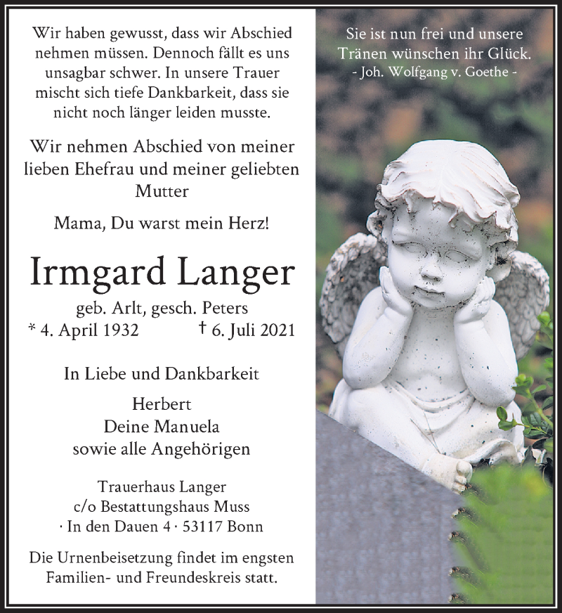  Traueranzeige für Irmgard Langer vom 17.07.2021 aus General-Anzeiger Bonn