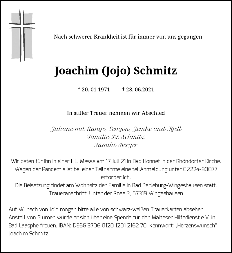  Traueranzeige für Joachim Schmitz vom 03.07.2021 aus General-Anzeiger Bonn