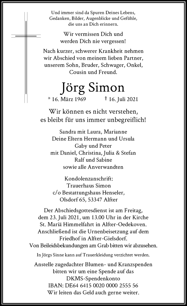  Traueranzeige für Jörg Simon vom 22.07.2021 aus General-Anzeiger Bonn
