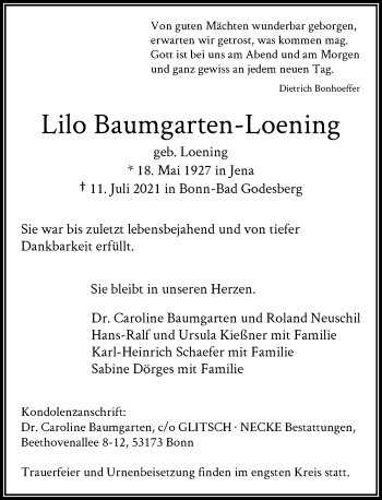 Anzeige von Lilo Baumgarten-Loening von General-Anzeiger Bonn