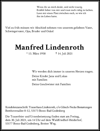 Anzeige von Manfred Lindenroth von General-Anzeiger Bonn