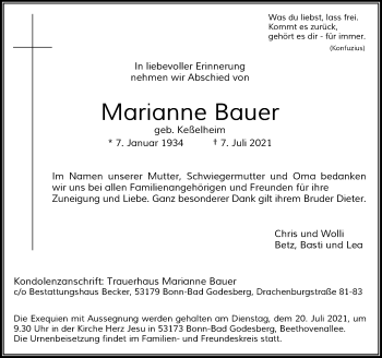 Anzeige von Marianne Bauer von General-Anzeiger Bonn