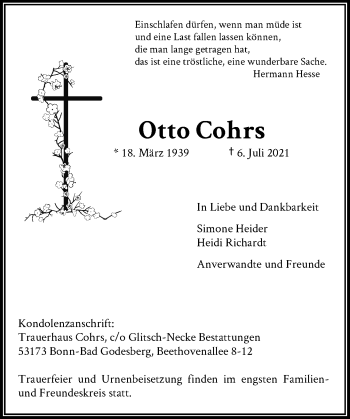 Anzeige von Otto Cohrs von General-Anzeiger Bonn