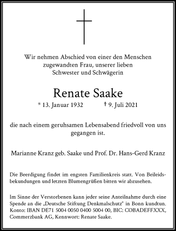Anzeige von Renate Saake von General-Anzeiger Bonn