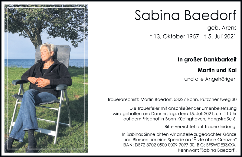  Traueranzeige für Sabina Baedorf vom 10.07.2021 aus General-Anzeiger Bonn