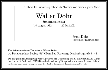 Anzeige von Walter Dohr von General-Anzeiger Bonn