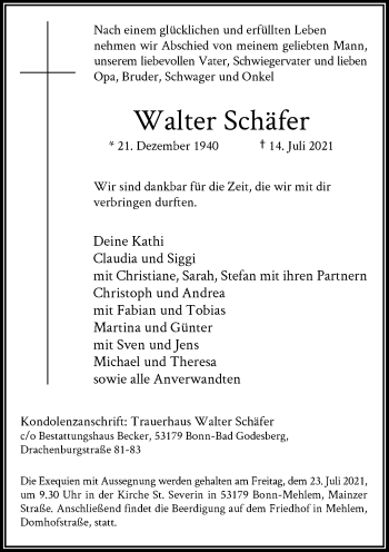 Anzeige von Walter Schäfer von General-Anzeiger Bonn
