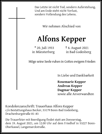 Anzeige von Alfons Kepper von General-Anzeiger Bonn