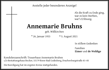 Anzeige von Annemarie Bruhns von General-Anzeiger Bonn