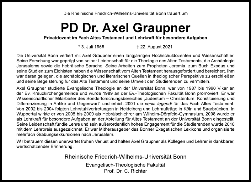  Traueranzeige für Axel Graupner vom 28.08.2021 aus General-Anzeiger Bonn