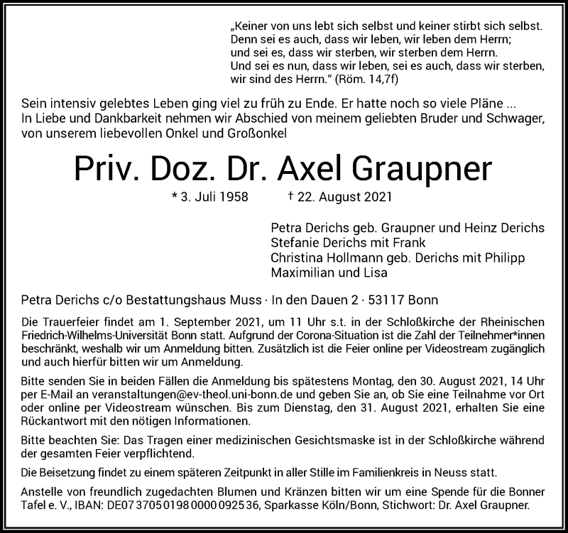  Traueranzeige für Axel Graupner vom 28.08.2021 aus General-Anzeiger Bonn
