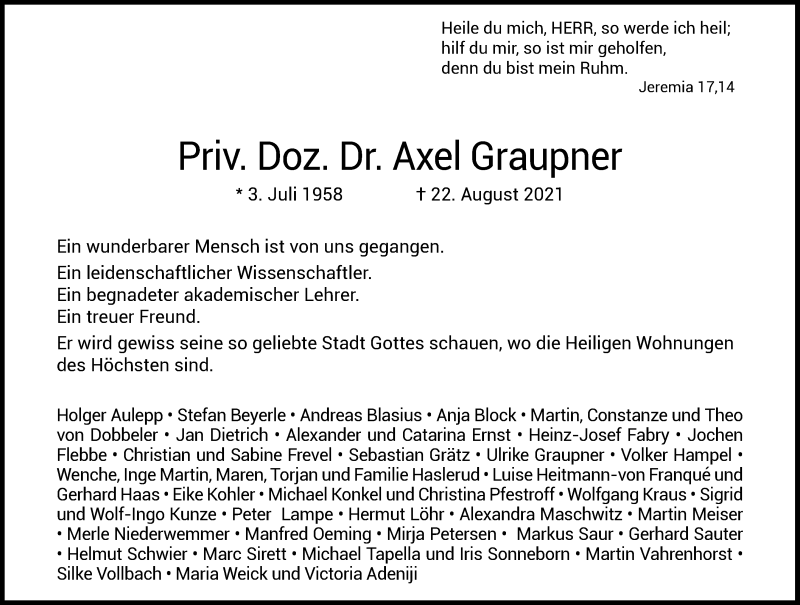  Traueranzeige für Axel Graupner vom 01.09.2021 aus General-Anzeiger Bonn