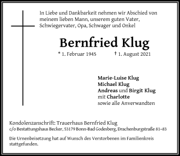 Anzeige von Bernfried Klug von General-Anzeiger Bonn