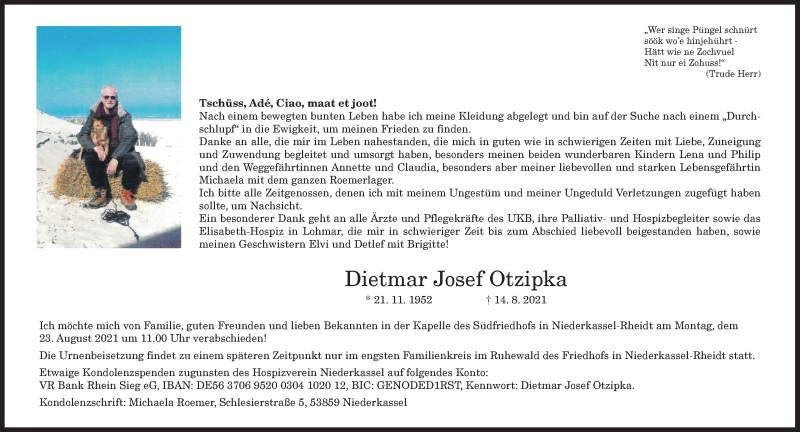  Traueranzeige für Dietmar Josef Otzipka vom 21.08.2021 aus General-Anzeiger Bonn