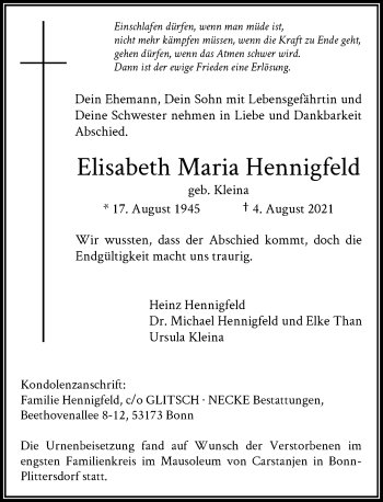 Anzeige von Elisabeth Maria Hennigfeld von General-Anzeiger Bonn